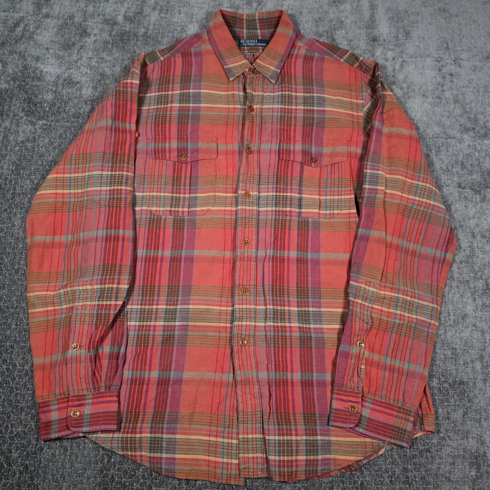 Vtg Polo Ralph Lauren Mens Large Red Plaid Linen Silk Blend Button Up Shirt L